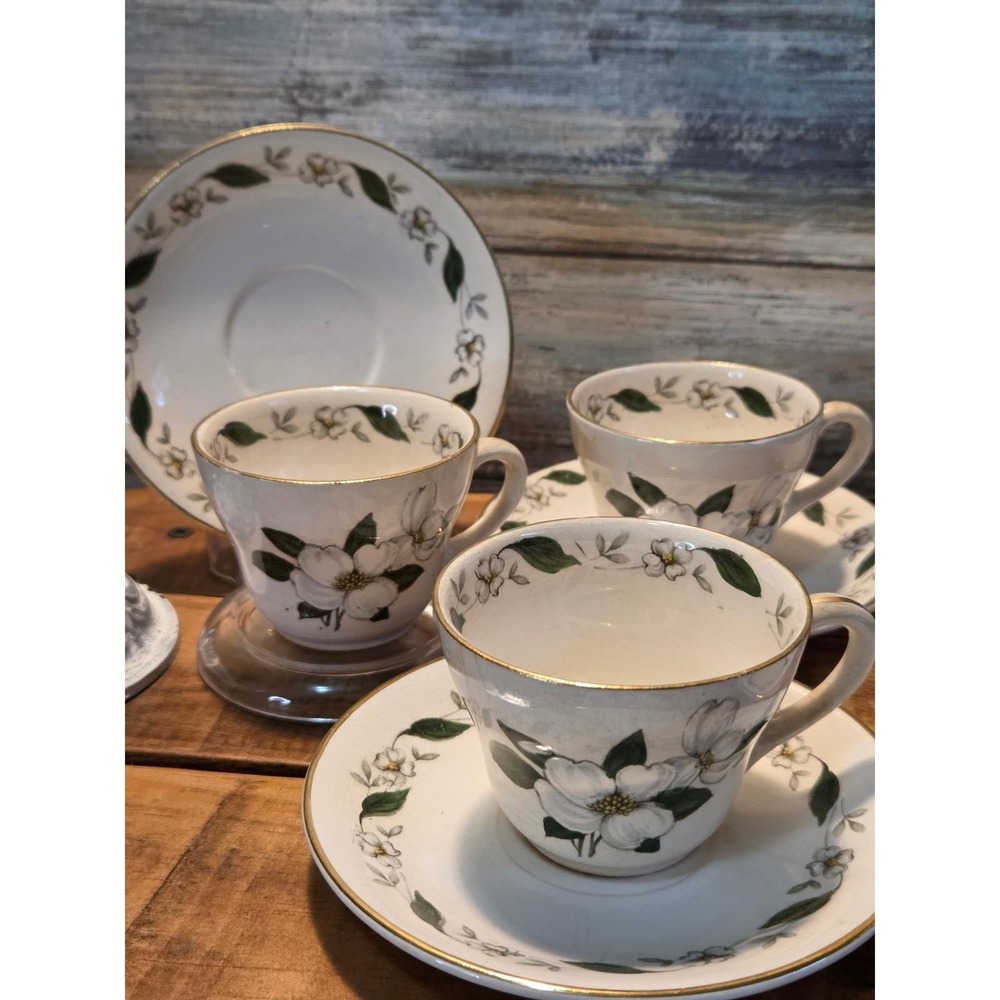 Vintage LeCot White Dogwood Flower footed cups (6) and saucers (5)